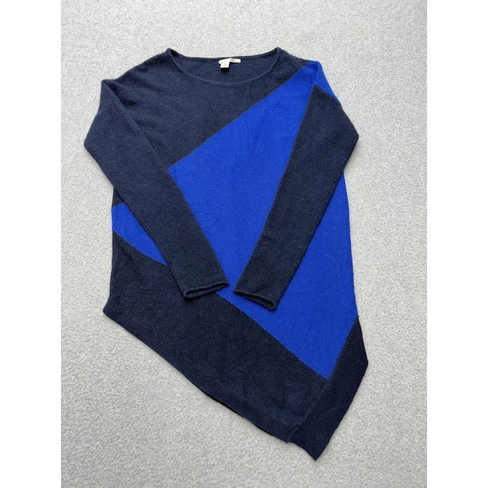 Sweater Tunic Petite Womens XS Blue Colorblock Cashmere Scoop Neck Asym Hem